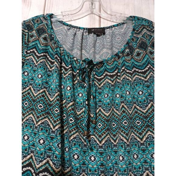 AB Studio Shirt Ladies Large Aquamarine Black Short‎ Sleeve Stretchy - Picture 3 of 6